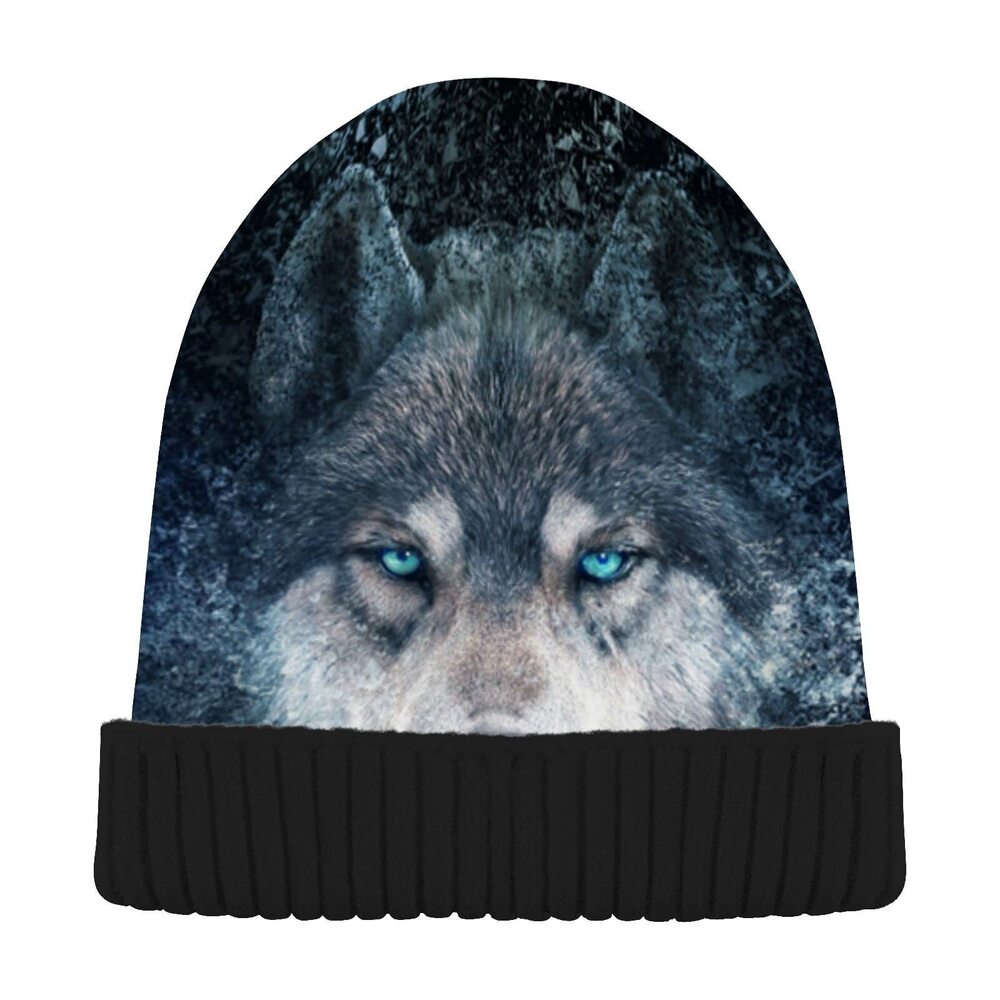 4488 Wolf on The Galaxy Beanie Winter Hat Reversible Skull Cuffed Knit Cap